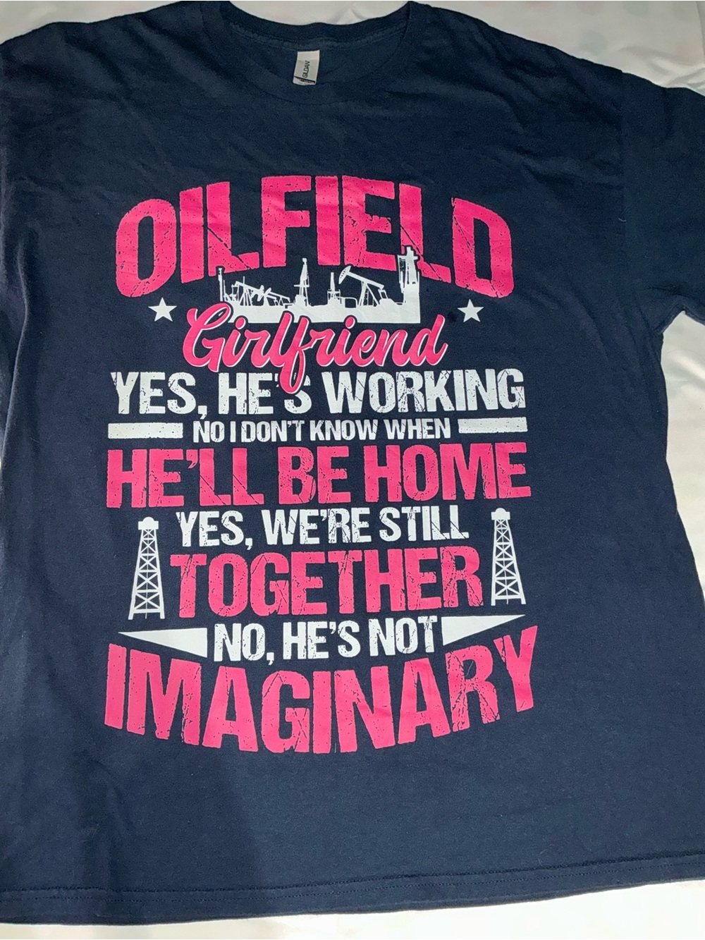 Oilfield Girlfriend Graphic Tee - Navy Pink White XL